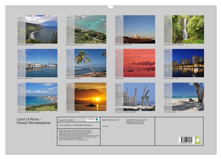 Produktbild: Land of Aloha - Hawaii Monatsplaner (Wandkalender 2026 DIN A2 quer), CALVENDO Monatskalender