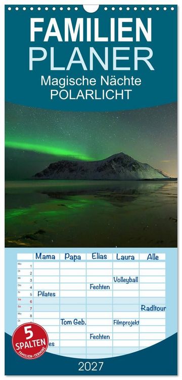 Produktbild: Familienplaner 2027 - Magische N&auml;chte - POLARLICHT mit 5 Spalten (Wandkalender, 21 x 45 cm) CALVENDO