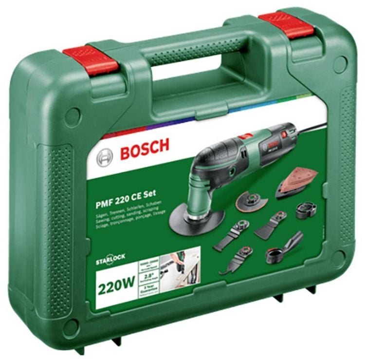 Produktbild: Bosch Home and Garden PMF 220 CE Set 0603102001 Multifunktionswerkzeug mit Zubeh&ouml;r, inkl. Koffer 16teilig 220 W