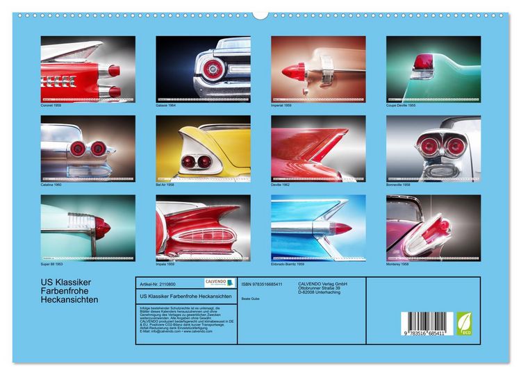 Produktbild: US Klassiker Farbenfrohe Heckansichten (hochwertiger Premium Wandkalender 2026 DIN A2 quer), Kunstdruck in Hochglanz