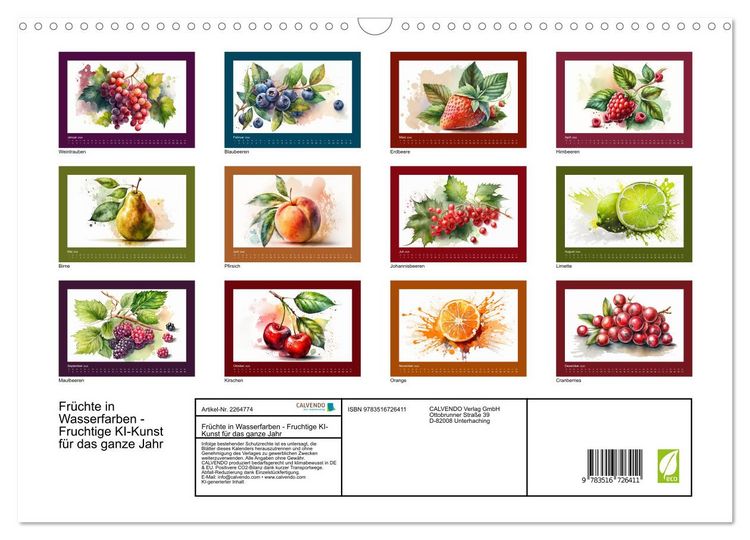 Produktbild: Fr&uuml;chte in Wasserfarben - Fruchtige KI-Kunst f&uuml;r das ganze Jahr (Wandkalender 2026 DIN A3 quer), CALVENDO Monatskalender