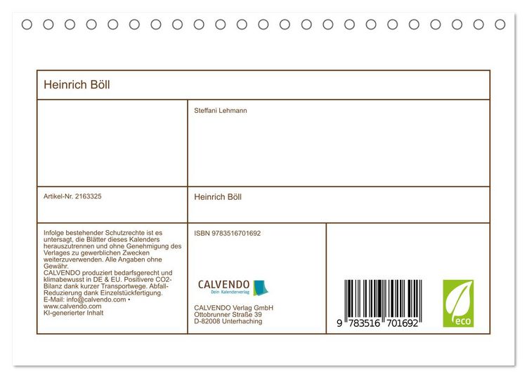 Produktbild: Heinrich B&ouml;ll (Tischkalender 2026 DIN A5 quer), CALVENDO Monatskalender