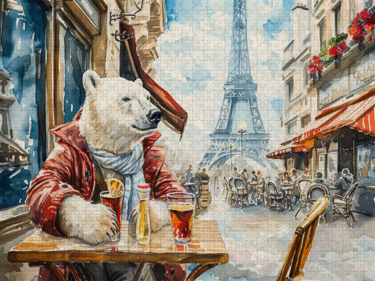 Produktbild: CALVENDO Puzzle Eisb&auml;r Eik im Stra&szlig;encaf&egrave; in Paris in Frankreich | 1000 Teile Lege-Gr&ouml;&szlig;e 64x48cm Foto-Puzzle f&uuml;r gl&uuml;ckliche Stunden