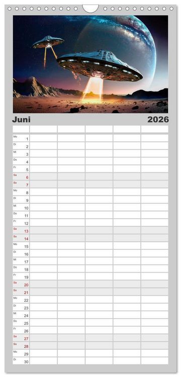 Produktbild: Familienplaner 2026 - Fliegende Untertasse - Die gro&szlig;e Fantasiereise mit 5 Spalten (Wandkalender, 21 x 45 cm) CALVENDO