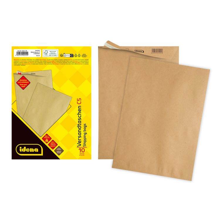Produktbild: Idena Versandtaschen ohne Fenster haftklebend 90g/m&sup2; braun DIN C5 10 St&uuml;ck