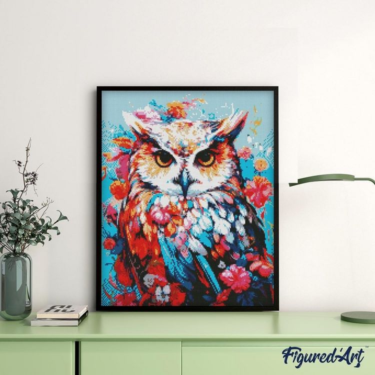 Produktbild: FiguredArt DP-FA10233-Y - Diamond Painting, Bunte Eule in voller Bl&uuml;te, Leinenwand-Keilrahmen 40x50cm, DIY Bastelset
