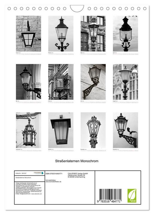 Produktbild: Stra&szlig;enlaternen Monochrom (Wandkalender 2026 DIN A4 hoch), CALVENDO Monatskalender
