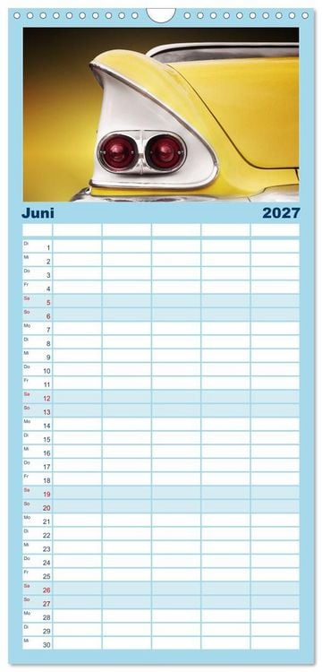 Produktbild: Familienplaner 2027 - US Klassiker Farbenfrohe Heckansichten mit 5 Spalten (Wandkalender, 21 x 45 cm) CALVENDO