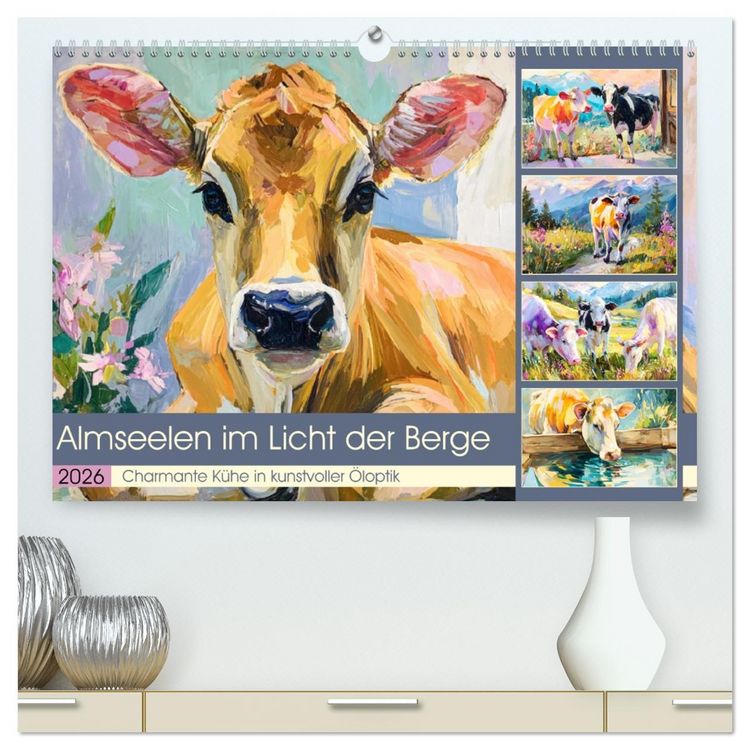 Produktbild: Almseelen im Licht der Berge. Charmante K&uuml;he in kunstvoller &Ouml;loptik (hochwertiger Premium Wandkalender 2026 DIN A2 quer), Kunstdruck in Hochglanz