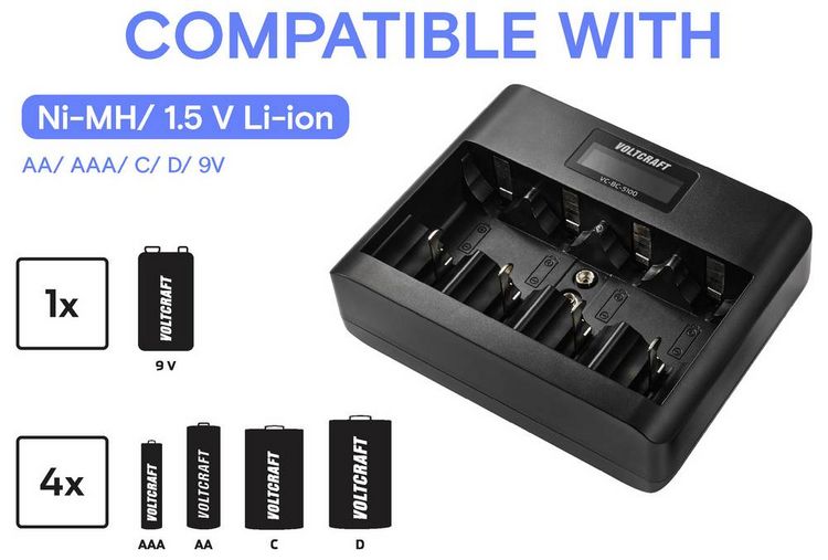 Produktbild: VOLTCRAFT VC-BC-5100 Rundzellen-Ladeger&auml;t NiMH, LiIon Mignon (AA), Micro (AAA), Baby (C), Mono (D), 9 V Block
