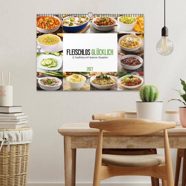 Produktbild: Fleischlos gl&uuml;cklich - 12 Foodfotos mit leckeren Rezepten (Wandkalender 2027 DIN A3 quer), CALVENDO Monatskalender