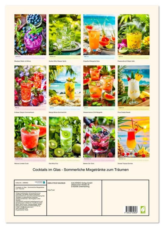 Produktbild: Cocktails im Glas - Sommerliche Mixgetr&auml;nke zum Tr&auml;umen (Wandkalender 2026 DIN A2 hoch), CALVENDO Monatskalender