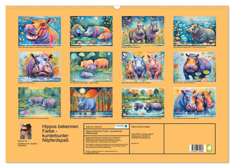 Produktbild: Hippos bekennen Farbe - kunterbunter Nilpferdspa&szlig; (Wandkalender 2026 DIN A2 quer), CALVENDO Monatskalender