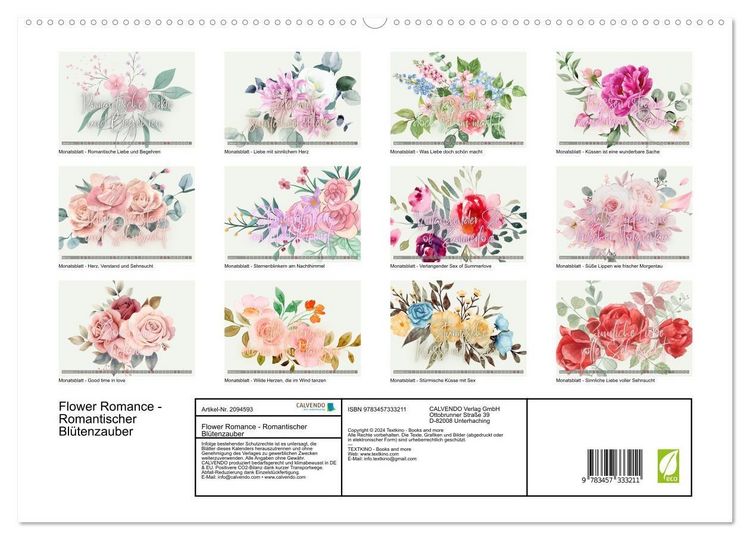 Produktbild: Flower Romance - Romantischer Bl&uuml;tenzauber (hochwertiger Premium Wandkalender 2026 DIN A2 quer), Kunstdruck in Hochglanz