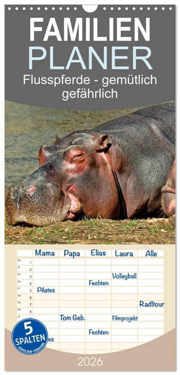 Produktbild: Familienplaner 2026 - Flusspferde - gem&uuml;tlich gef&auml;hrlich mit 5 Spalten (Wandkalender, 21 x 45 cm) CALVENDO
