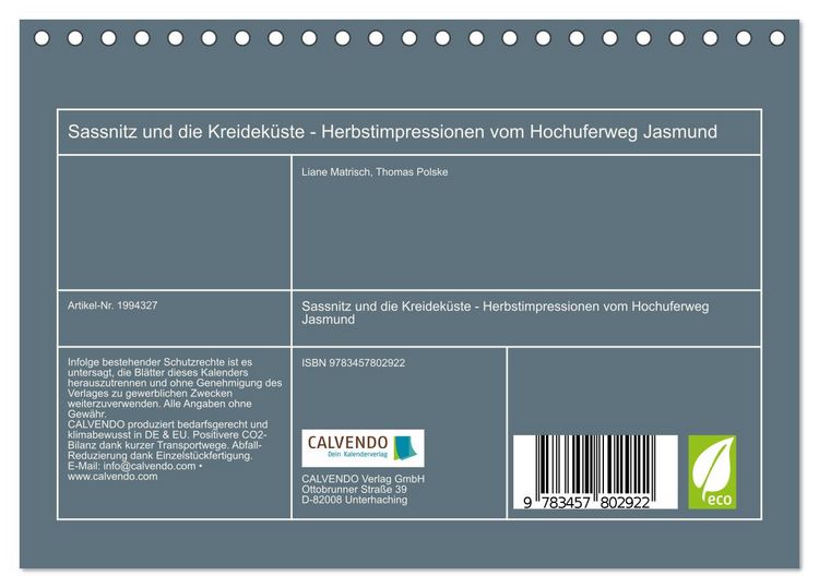 Produktbild: Sassnitz und die Kreidek&uuml;ste - Herbstimpressionen vom Hochuferweg Jasmund (Tischkalender 2026 DIN A5 quer), CALVENDO Monatskalender