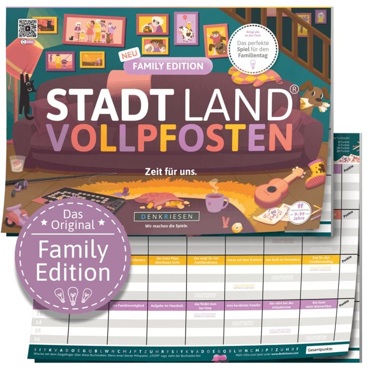 Produktbild: DENKRIESEN - Stadt Land Vollpfosten&reg; Family Edition &ndash; "Zeit f&uuml;r uns." | A4 Spielblock
