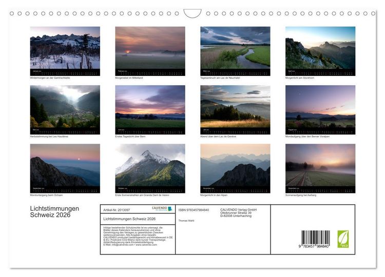 Produktbild: Lichtstimmungen Schweiz 2026 (Wandkalender 2026 DIN A3 quer), CALVENDO Monatskalender