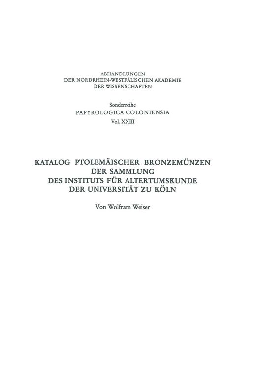 Produktbild: Katalog Ptolem&auml;ischer Bronzem&uuml;nzen der Sammlung des Instituts f&uuml;r Altertumskunde der Universit&auml;t zu K&ouml;ln