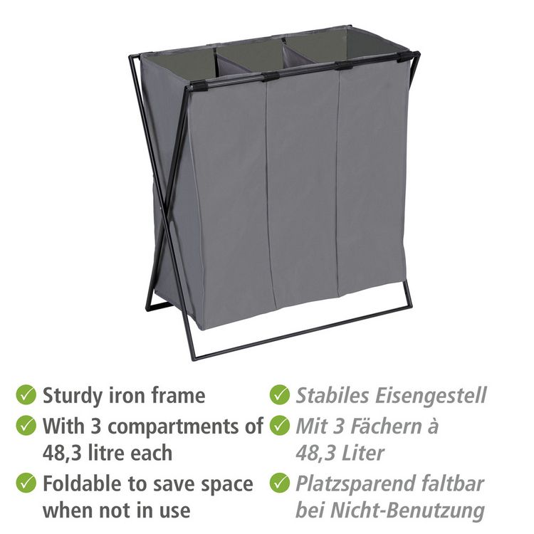 Produktbild: W&auml;schesammler Mod. Trio XL Grau, mit drei F&auml;chern
