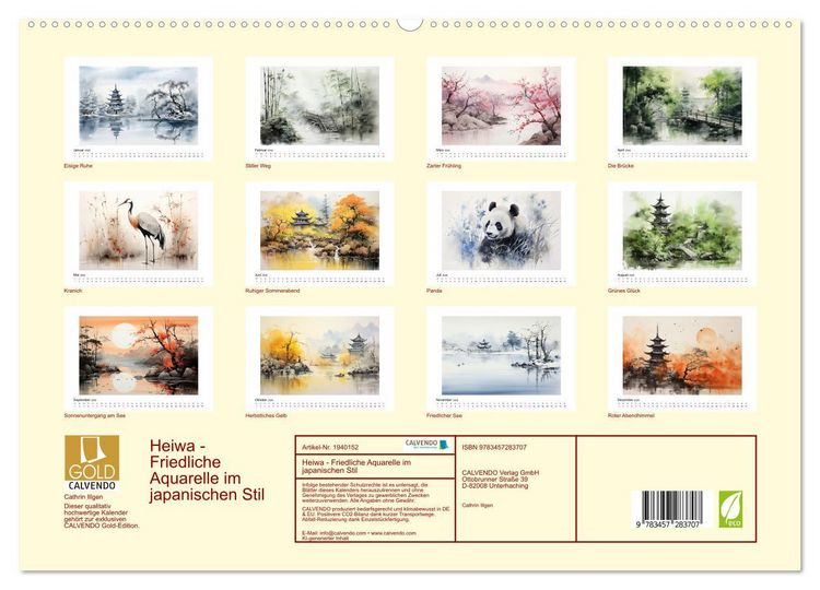 Produktbild: Heiwa - Friedliche Aquarelle im japanischen Stil (hochwertiger Premium Wandkalender 2026 DIN A2 quer), Kunstdruck in Hochglanz