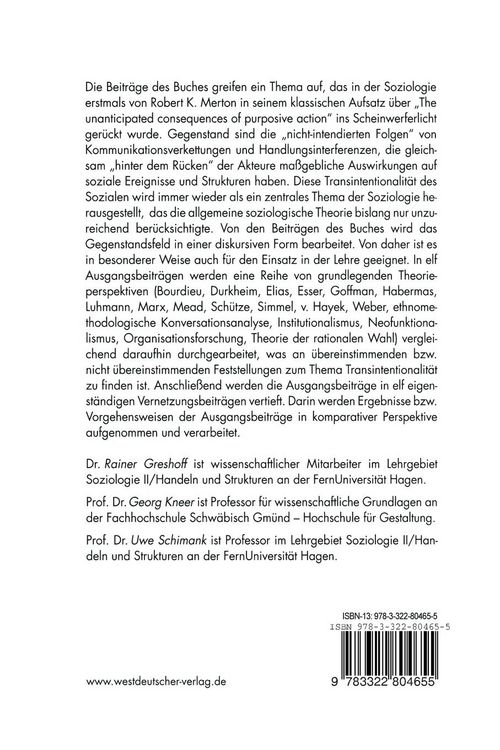 Produktbild: Die Transintentionalit&auml;t des Sozialen