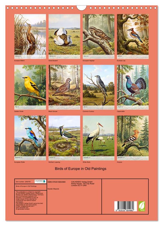 Produktbild: Birds of Europe in Old Paintings (Wall Calendar 2027 DIN A3 portrait), CALVENDO 12 Month Wall Calendar