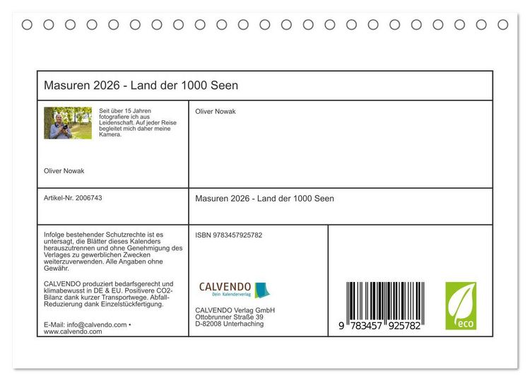 Produktbild: Masuren 2026 - Land der 1000 Seen (Tischkalender 2026 DIN A5 quer), CALVENDO Monatskalender
