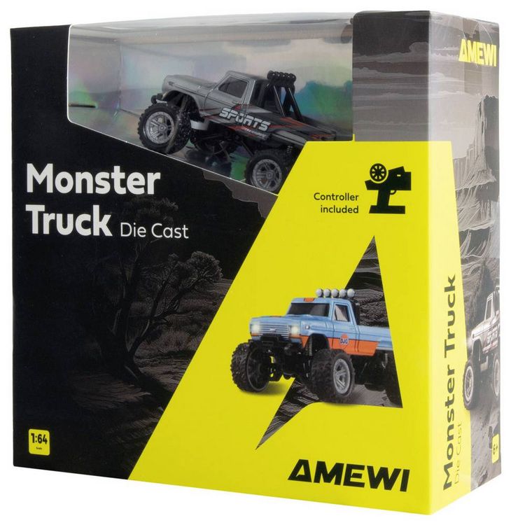 Produktbild: Amewi Grau Brushed 1:64 RC Modellauto Elektro Monstertruck Heckantrieb (2WD) RtR 2,4 GHz inkl. Akku und Ladekabel, mit Lichteffekt