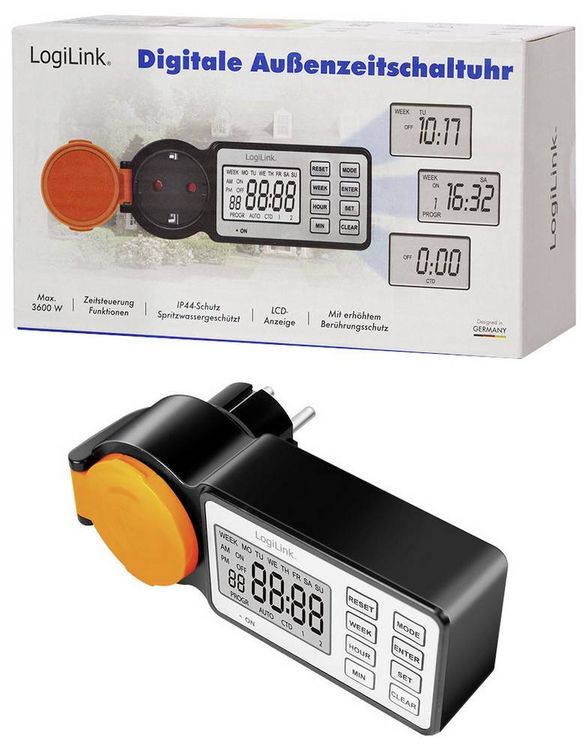 Produktbild: LogiLink ET0016 Zeitschaltuhr digital IP44 Countdown-Funktion, EIN/AUS-Programm, Timer-Funktion