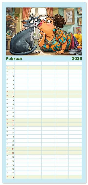 Produktbild: Familienplaner 2026 - Katzen und Frauen. Lustige Cartoons vom t&auml;glichen Chaos mit 5 Spalten (Wandkalender, 21 x 45 cm) CALVENDO