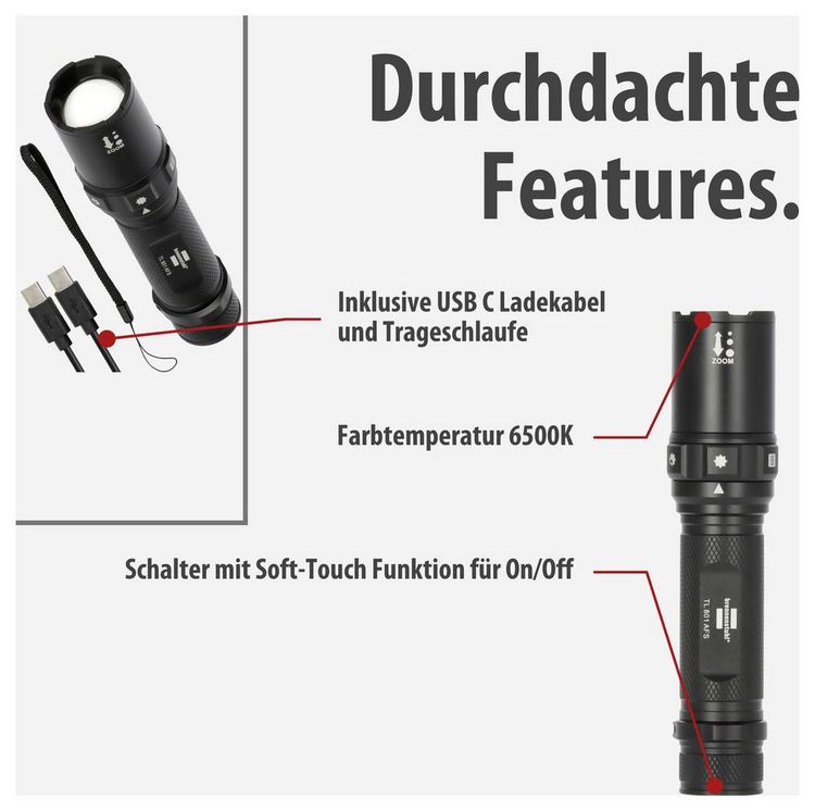 Produktbild: Brennenstuhl LuxPremium LED Taschenlampe &uuml;ber USB 800lm 42h 0.26kg
