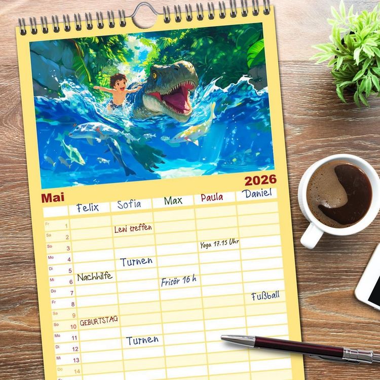 Produktbild: Familienplaner 2026 - Abenteuer mit Dinosauriern - Tolle Dino-Freunde f&uuml;r das Jahr mit 5 Spalten (Wandkalender, 21 x 45 cm) CALVENDO