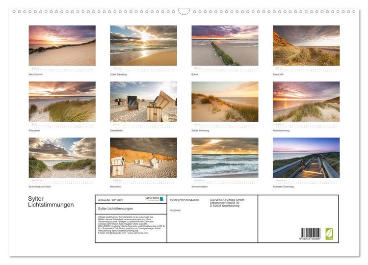 Produktbild: Sylter Lichtstimmungen (Wandkalender 2026 DIN A2 quer), CALVENDO Monatskalender