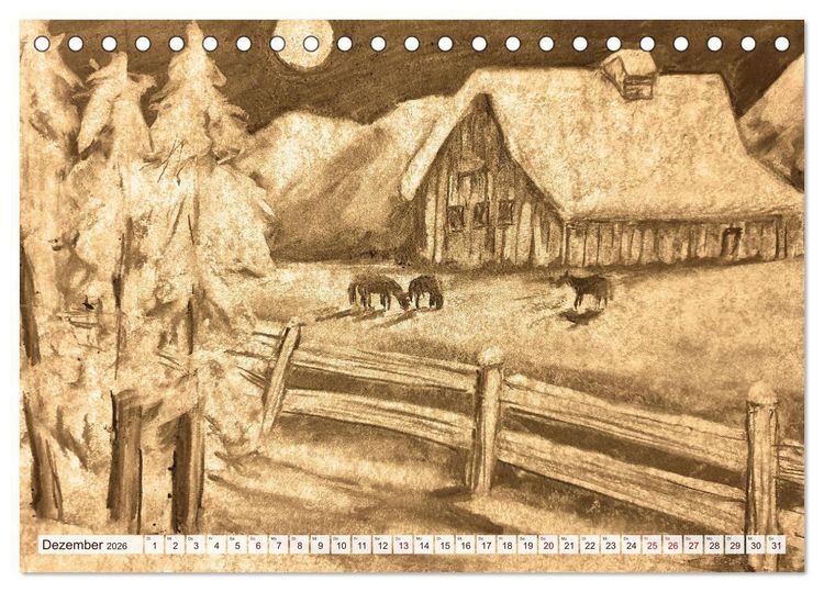 Produktbild: Pausen f&uuml;r deine Seele - Seelenlandschaften in Sepia - Ein Jahr der Ruhe mit Kohlezeichnungen (Tischkalender 2026 DIN A5 quer), CALVENDO Monatskalender