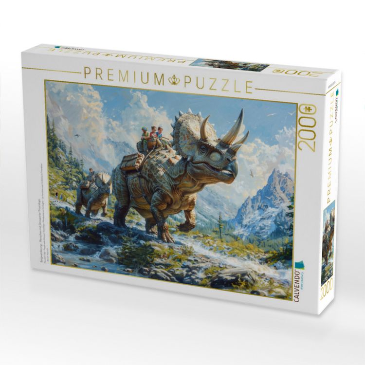 Produktbild: CALVENDO Puzzle Bergwanderung - Menschen mit Dinosaurier Triceratops | 2000 Teile Lege-Gr&ouml;&szlig;e 90x67cm Foto-Puzzle f&uuml;r gl&uuml;ckliche Stunden