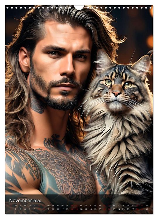Produktbild: Verschmuste Kerle - Muskeln, Tattoos und Miezekatzen (Wandkalender 2026 DIN A3 hoch), CALVENDO Monatskalender
