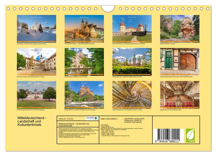 Produktbild: Mitteldeutschland - Landschaft und Kulturdenkmale (Wandkalender 2026 DIN A4 quer), CALVENDO Monatskalender