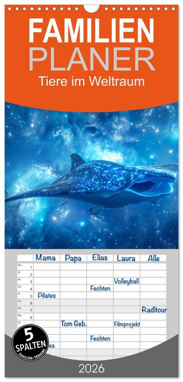 Produktbild: Familienplaner 2026 - Tiere im Weltraum mit 5 Spalten (Wandkalender, 21 x 45 cm) CALVENDO