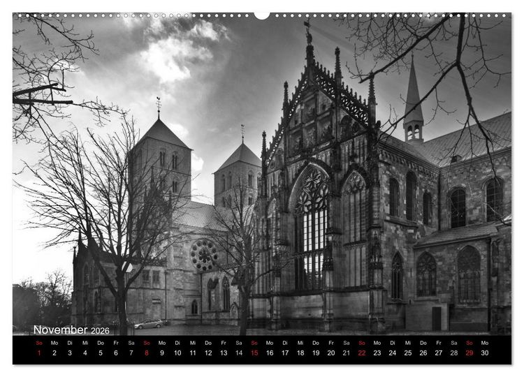 Produktbild: M&uuml;nster in schwarz-wei&szlig; gesehen (Wandkalender 2026 DIN A2 quer), CALVENDO Monatskalender