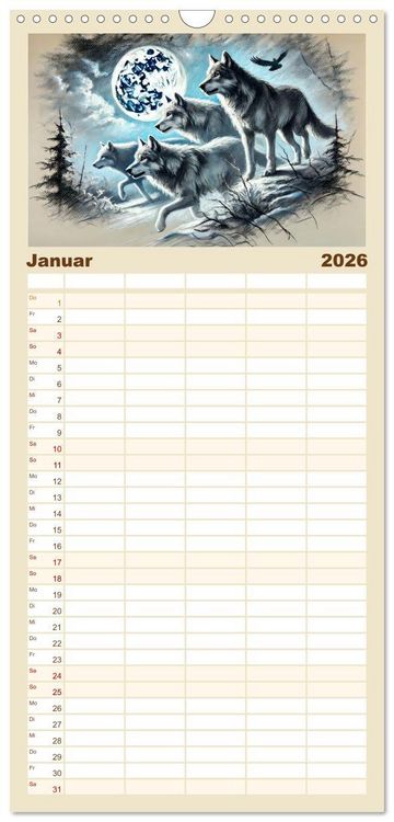 Produktbild: Familienplaner 2026 - Die Eleganz der W&ouml;lfe - Mythische Begegnungen in der Natur mit 5 Spalten (Wandkalender, 21 x 45 cm) CALVENDO