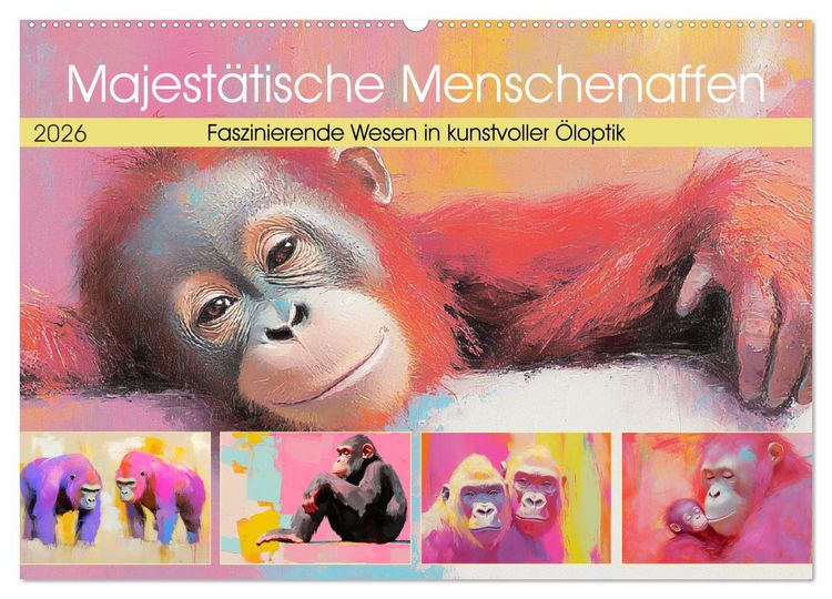 Produktbild: Majest&auml;tische Menschenaffen. Faszinierende Wesen in kunstvoller &Ouml;loptik (Wandkalender 2026 DIN A2 quer), CALVENDO Monatskalender