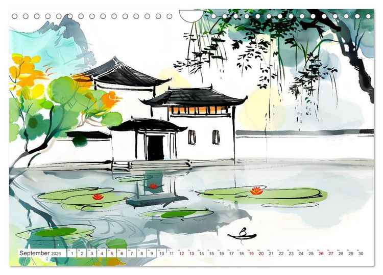 Produktbild: Fernost Impressionen - Tempel und Landschaften in KI-Tuschekunst (Wandkalender 2026 DIN A4 quer), CALVENDO Monatskalender