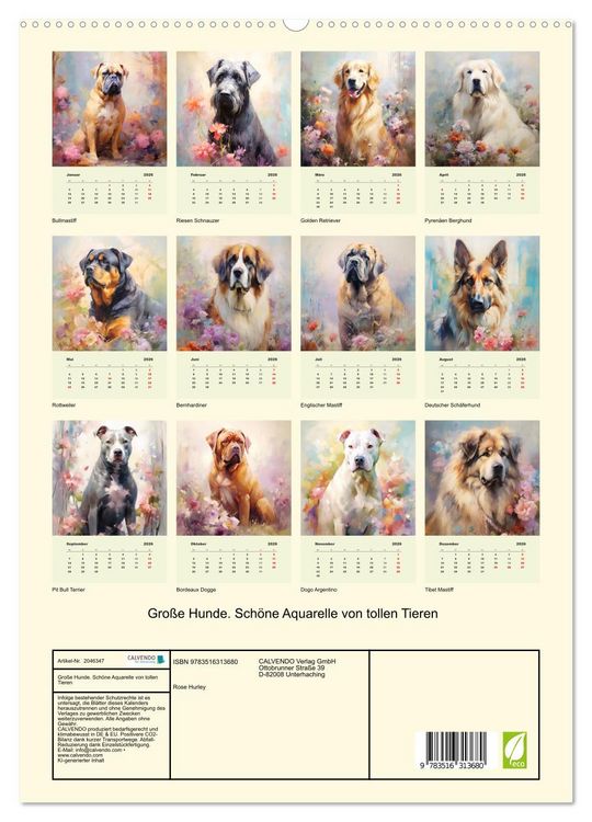 Produktbild: Gro&szlig;e Hunde. Sch&ouml;ne Aquarelle von tollen Tieren (hochwertiger Premium Wandkalender 2026 DIN A2 hoch), Kunstdruck in Hochglanz