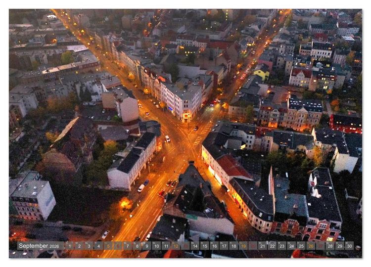 Produktbild: HALLE AN DER SAALE NACHTFLUG (hochwertiger Premium Wandkalender 2026 DIN A2 quer), Kunstdruck in Hochglanz