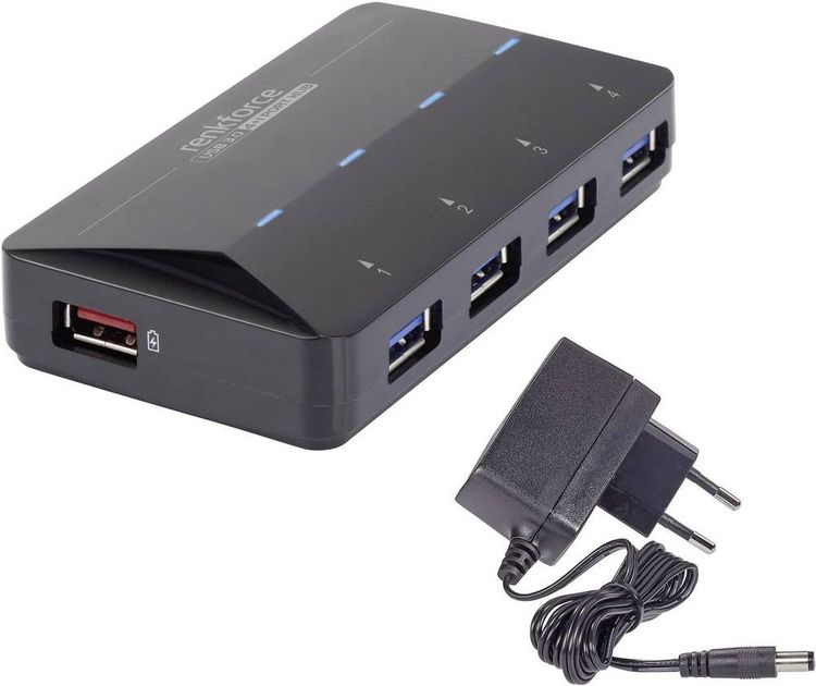 Produktbild: Renkforce RF-3806031 USB-Hub 4 Port USB-A USB 3.0 5 GBit/s mit Schnellladeport, mit Status-LEDs Schwarz