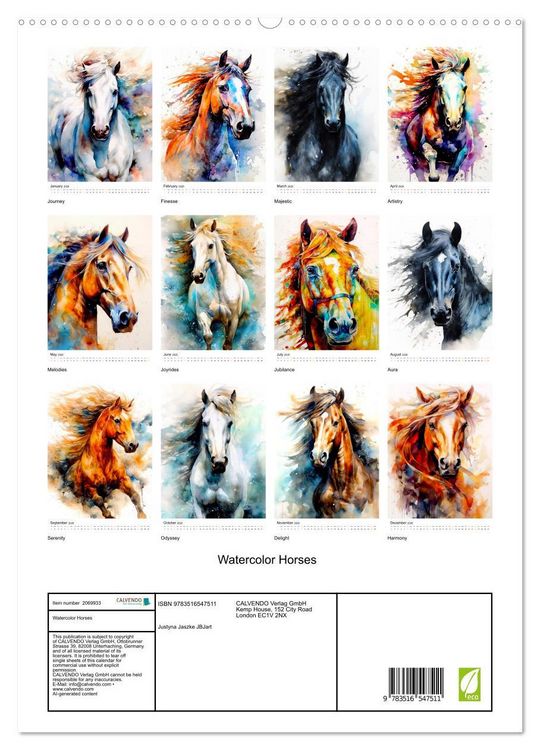 Produktbild: Watercolor Horses (High Quality Premium Wall Calendar 2026 DIN A2 portrait),CALVENDO 12 Month Wall Calendar