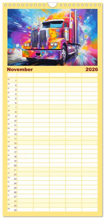 Produktbild: Familienplaner 2026 - Langhauber Paintings. Trucks in lebendigen Farben mit 5 Spalten (Wandkalender, 21 x 45 cm) CALVENDO
