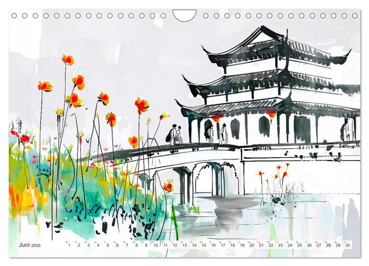 Produktbild: Fernost Impressionen - Tempel und Landschaften in KI-Tuschekunst (Wandkalender 2026 DIN A4 quer), CALVENDO Monatskalender