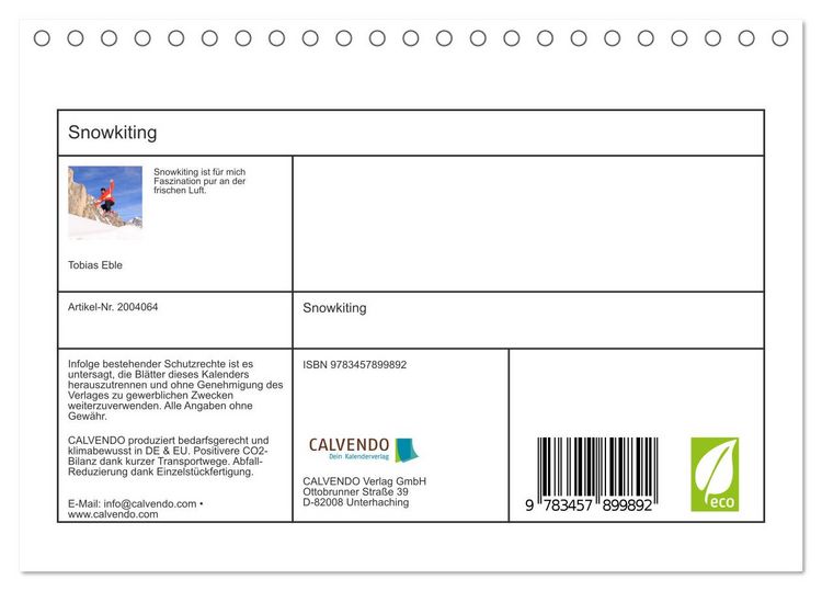 Produktbild: Snowkiting (Tischkalender 2026 DIN A5 quer), CALVENDO Monatskalender